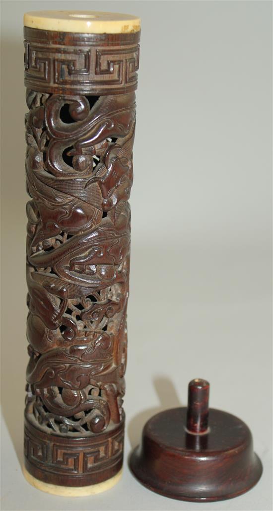 A Chinese bamboo and ivory mounted perfume holder, 19th century, 19.2cm, separate wood stand